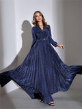 Long Sleeve Navy Bow V Neck Velvet Prom Dress