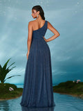 One Shoulder Navy Tulle A Line Prom Dress With Slit