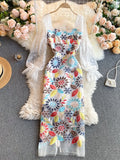 Lace Sleeves Elegant Floral Embroidered Sheer Dress