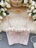 Delicate Floral Appliques Satin Rose Bustier Top