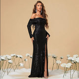 Long Sleeve Sequin Ruched Black Prom Dress With Slit