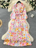 Lapel Collar Belt Floral Printed Maxi Dress