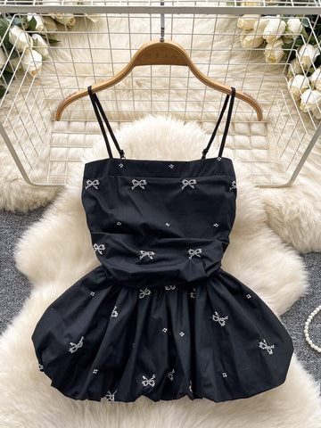 Delicate White Bows Flared Mini Black Dress