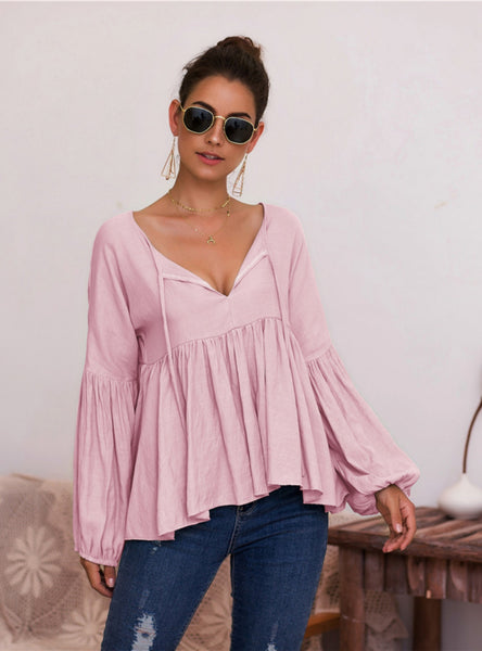 SLEEVE PINK HI-LO BLOUSE WOMEN DRAPED SEXY V NECK