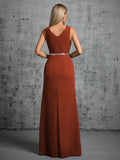 Brown V Neck Chiffon Belt Prom Dress