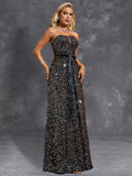 Sequin Belt Sheer Waist Black Prom Dress