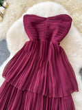 Cascading Pleated Layers Strapless Burgundy Dress