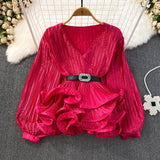 Lush Pleated Purple Ruffled Blouse