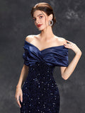 Off The Shoulder Trumpet Mermaid Navy Sequin Prom Dress