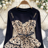 Leopard Print Peplum Chain Black Blouse