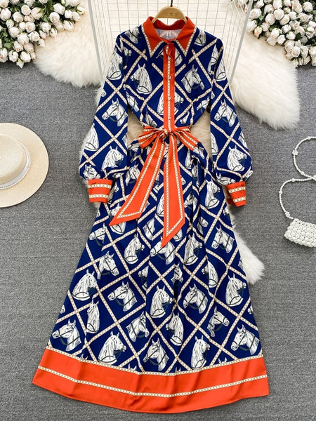 Navy Blue Orange Equestrian Print Dress