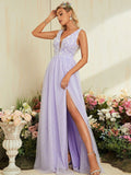 Lavender Lace Backless V Neck Appliques Prom Dress With Slit