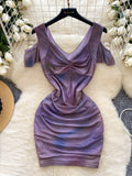 Ruching Tie-Dye Purple Off-Shoulder Dress