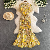 Floral Fantasy Embodied Yellow and Beige Dress