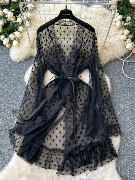 Elegant Black Sheer Polka Dot Robe