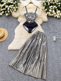 Metallic Two Piece Ruched Crop Top Pleated Maxi Skirt