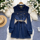 Belted Waist Button Off-Shoulder Denim Dress