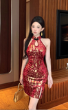 Glamorous Halter Neck Dress with Red and Gold Brocade Pattern