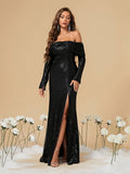 Long Sleeve Sequin Ruched Black Prom Dress With Slit