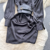 Elegant Belted Black Satin Wrap Dress