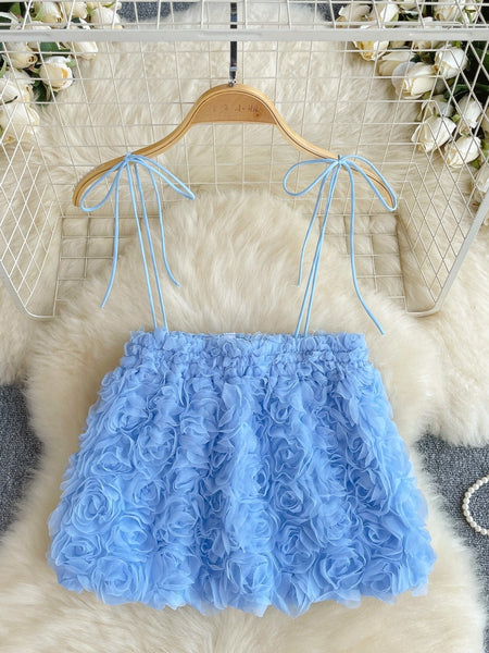 Shoulder Ties Fluffy Blue Rosette Tank Top