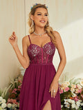 Burgundy Chiffon A Line Sheer Lace Prom Dress With Slit