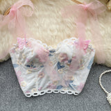 Delicate Pink Ribbon Straps Floral Bustier Top