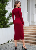 SOLID COLOR V-NECK SLIM SPLIT LONG SLEEVE DRESS