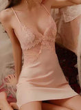 LACE MESH SIMULATION ICE SILK SLING NIGHTDRESS TWO PIECE SET