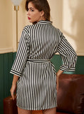 BLACK STRIPED V-NECK LADIES NIGHTGOWN