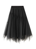 Elastic Waist Beaded Solid Color Long Mesh Skirt