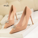 HIGH HEEL RHINESTONE BOW SUEDE SHOES