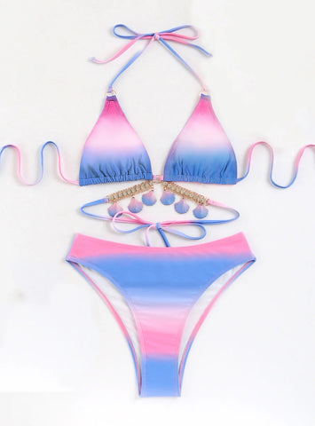 SEXY STRAP GRADIENT SHELL CRYSTAL DIAMOND BIKINI