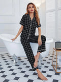 FASHION PLAID TOP SHORT SLEEVE TROUSERS PAJAMAS SUIT