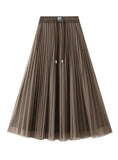 Drawstring High Waist Mesh Pleated Skirt