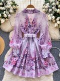 Ornate Belt Lavender Floral Printed Shirt Dress