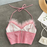 Soft Feather Trim Sparkling Fabric Pink Crop Top