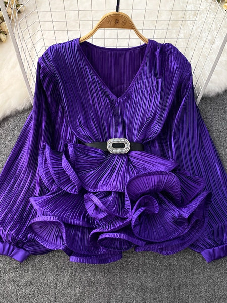 Lush Pleated Purple Ruffled Blouse