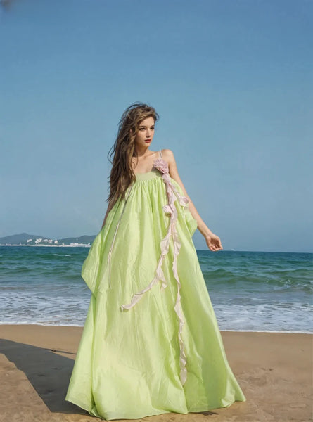 Soft Shoulder Flowing Lime Green Maxi Dress