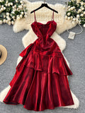 Ruffled Asymmetrical Red Satin Strappy Dress