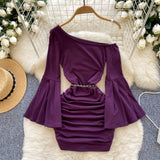 Bold Chain Accent Belt Flared Sleeves Purple Dress