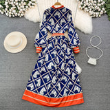 Navy Blue Orange Equestrian Print Dress