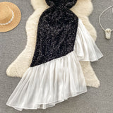 Contrasting White Ruffled Hem Black Sequin Gown