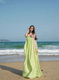 Soft Shoulder Flowing Lime Green Maxi Dress