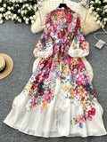 Puffed Sleeves Belt Floral Printed Maxi Dress