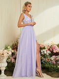 Lavender Lace Backless V Neck Appliques Prom Dress With Slit