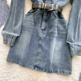 Belted Waist Button-Down Denim Shirt Dress