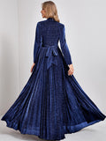 Long Sleeve Navy Bow V Neck Velvet Prom Dress