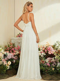 Sequin V Neck Sheer White A Line Prom Dress