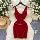 Mesh Wide Straps Red Velvet Bodycon Dress